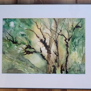 Puede incluir: Pintura acuarela de un &aacute;rbol con ramas marrones y hojas verdes. La pintura tiene una sensaci&oacute;n ligera y aireada y est&aacute; firmada "Bignell" en la esquina inferior derecha.