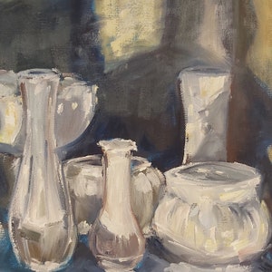 Original oil painting still life, white vases on square foot canvas, contemporary, unique piece bild 3