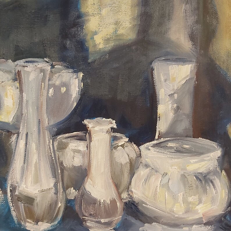 Original oil painting still life, white vases on square foot canvas, contemporary, unique piece bild 3