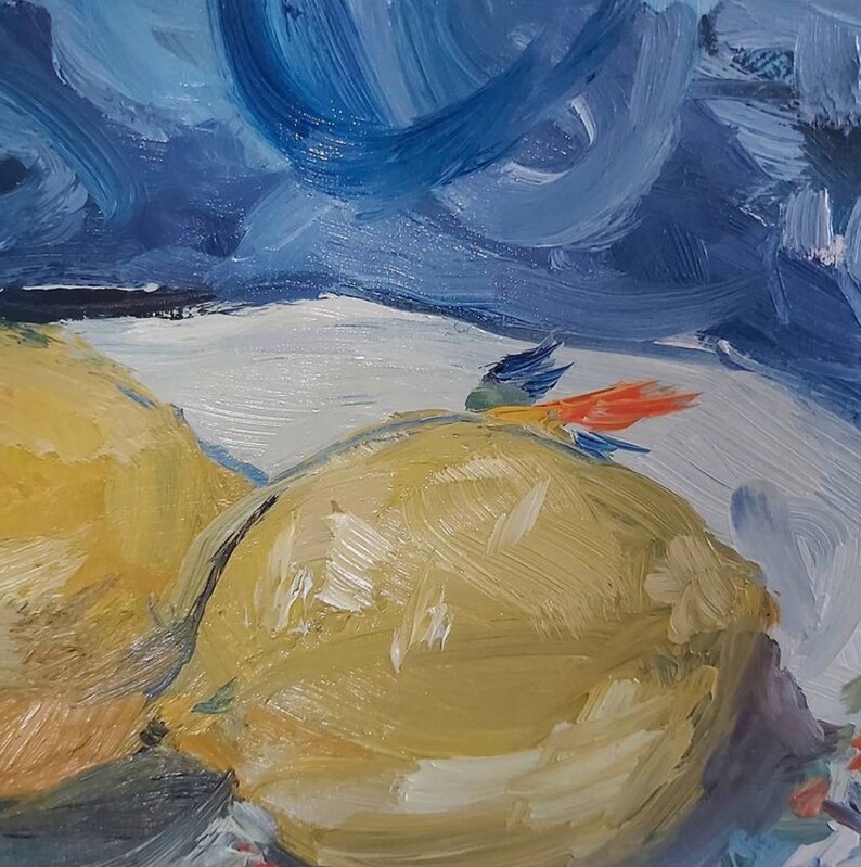 May include: Two yellow lemons on a white surface with a blue and orange background. The lemons are painted in a loose, impressionistic style.