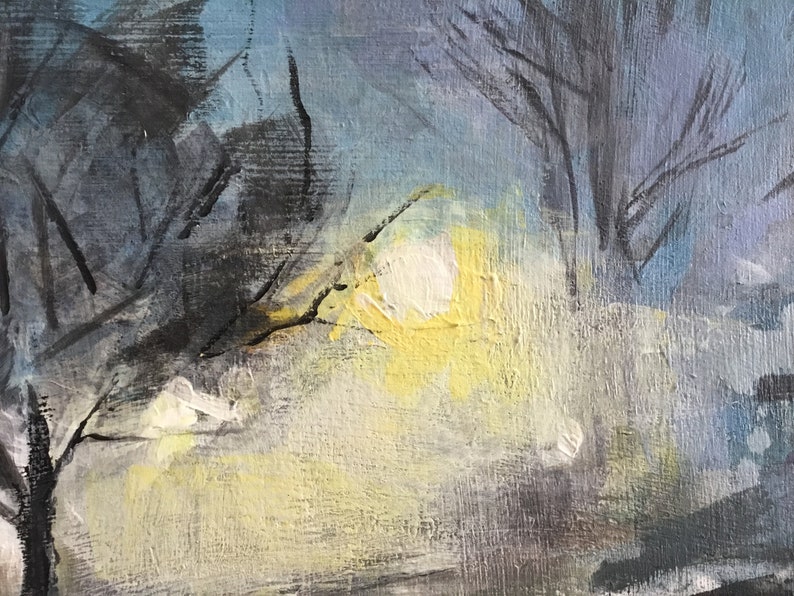 Foggy Winter Night Urban Landscape Painting, Mysterious Nocturne Acrylic Art image 8