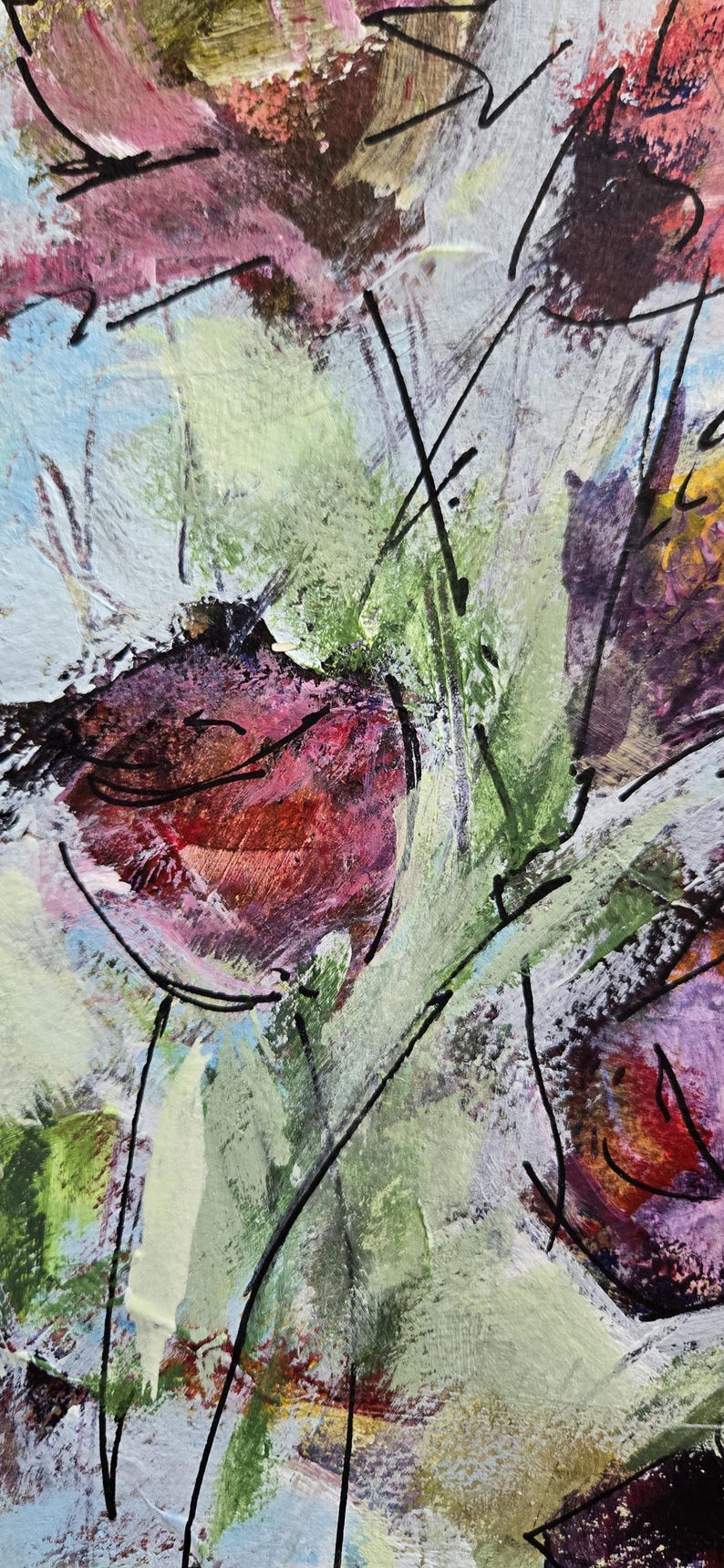 Pu&ograve; includere: Un dipinto astratto caratterizzato da pennellate stratificate nei toni del verde salvia, azzurro, magenta intenso e bianco. La composizione &egrave; accentuata da sottili e nitide linee di inchiostro nero che creano forme organiche e movimento.