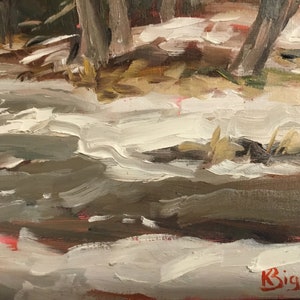 May include: A close-up of a painting depicting a snowy forest scene with a stream running through it. The artist's signature, "K. Bignell", is visible in the bottom right corner.