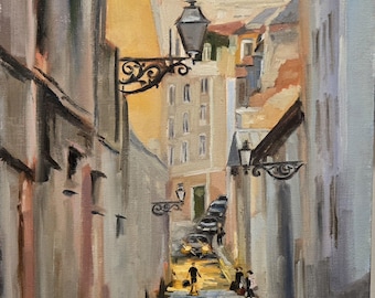Original Oil Painting, Lisbon, Portugal Urban scene, Architecture