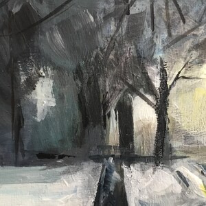 May include: An abstract oil painting depicting a winter landscape. The artwork features a palette of cool blues, grays, and whites, with a hint of yellow. Bare tree branches reach upwards against a muted sky, suggesting a snowy scene.