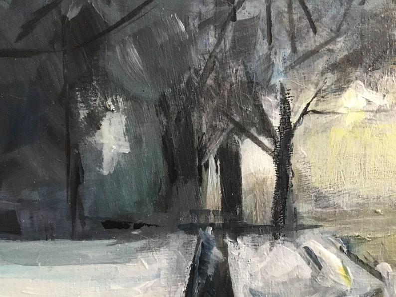 May include: An abstract oil painting depicting a winter landscape. The artwork features a palette of cool blues, grays, and whites, with a hint of yellow. Bare tree branches reach upwards against a muted sky, suggesting a snowy scene.