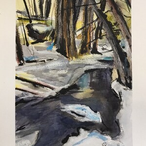 May include: Abstract watercolor painting of a forest scene with trees and a stream. The painting is done in shades of gray, blue, and brown. The artist's signature, "Bignell", is in the bottom right corner.