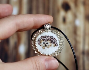 Hedgehog Pendant Necklace Hedgehogs Jewelry, Hand Embroidered Hedgehog pendant, hedgehog gift, made in uk