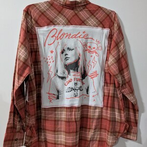 BLONDIE : Handcrafted Shacket Flannel Plaid Button Down with Vintage T-shirt! Handmade One of a Kind!