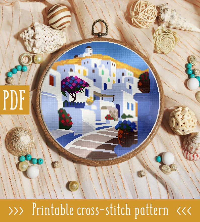 Modern cross stitch pattern. Greece cross stitch pattern. City Etsy