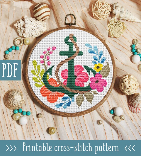 Modern Cross Stitch Pattern Point De Croix Ocean Flower Punto De Cruz Room Decor Nautical Decor Embroidery Hoop Art - 