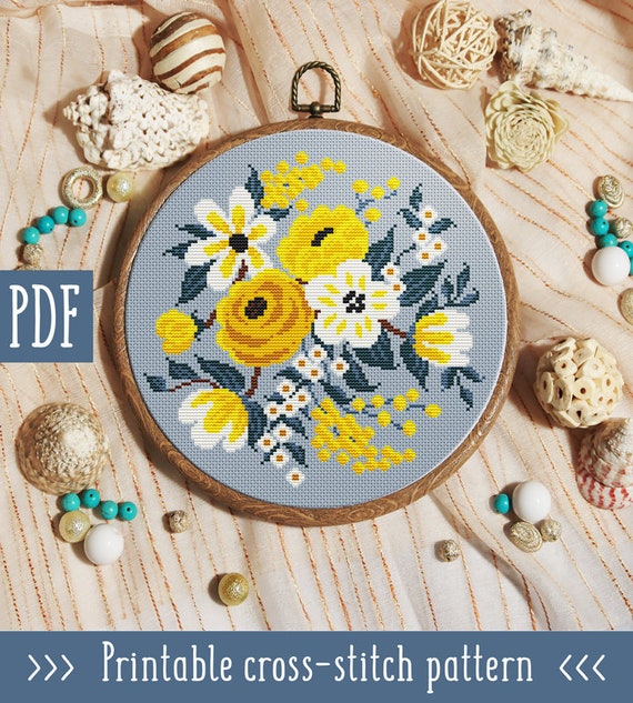 Modern cross stitch pattern. Flower cross stitch pattern. Floral cross stitch pattern. Hand embroidery hoop art