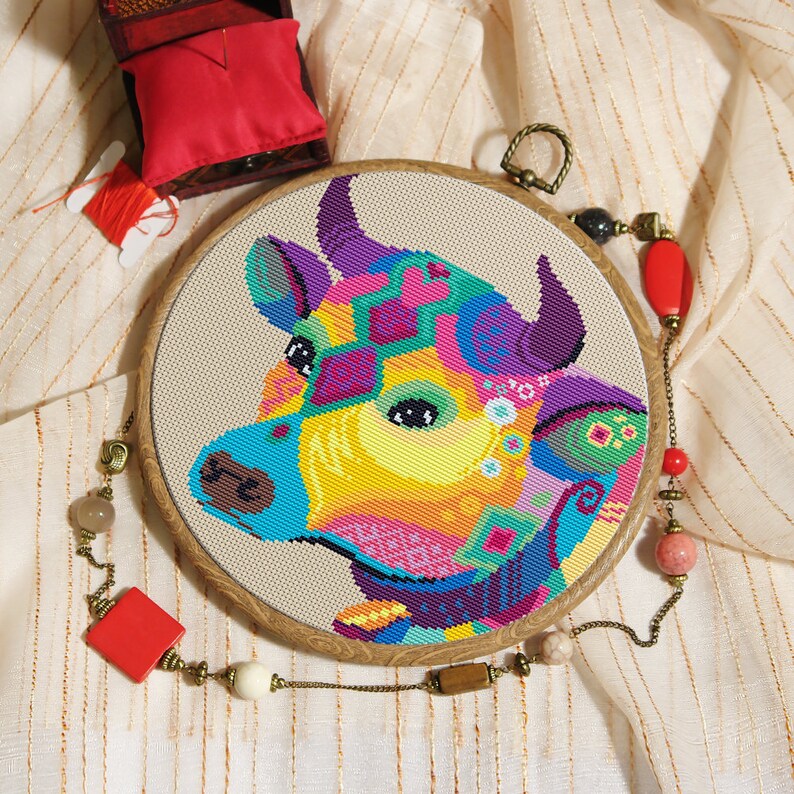 Modern cross stitch pattern. Cow cross stitch pattern ...
