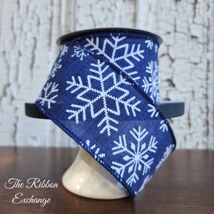 2.5 inch ribbon, Wired ribbon, Christmas wired ribbon, Christmas ribbon, snowflakes, navy blue ribbon