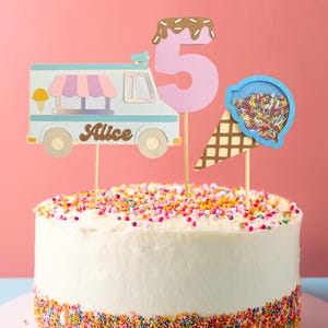 Cake topper personnalisé glace vintage, décoration pour gâteau anniversaire coloré pour enfant, décoration anniversaire prénom et âge