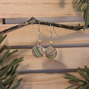 May include: A pair of dangle earrings with a natural stone appearance. The earrings feature round, flat stones with green, brown, and cream-colored bands. Each earring has a small wooden bead and a silver-colored hook.