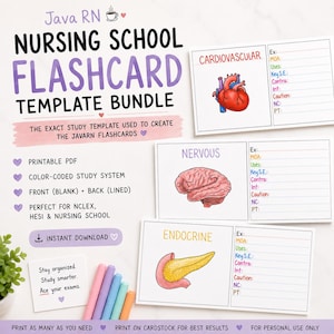 Mallar för flashcards för sjuksköterskeskolan | Utskrivbara studiekort | NCLEX studieorganisatör | Digital nedladdning