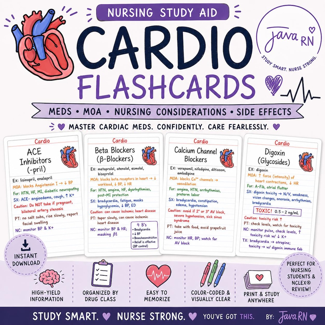 Cardio Pharmacology Flashcards | NCLEX Study Guide (PDF Download) - Etsy