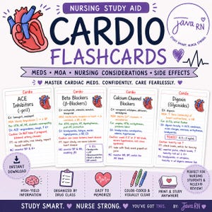 Op de afbeelding: Cardio flashcards voor verpleegkundestudenten, met informatie over ACE-remmers, bètablokkers, calciumantagonisten en digoxine. Bevat belangrijke details over medicijnen, werkingsmechanisme, verpleegkundige overwegingen en bijwerkingen.