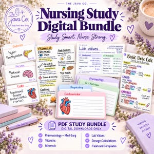 May include: A Nursing Study Digital Bundle by The Java Co. featuring educational flashcards on endocrine, nervous, and cardiovascular systems, lab values, and dose calculations. Includes a purple pen and digital download information.