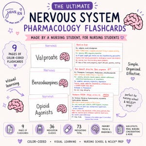 May include: A set of color-coded pharmacology flashcards for the nervous system. The cards are designed for nursing students and include information on medications, side effects, and nursing considerations. The image includes the text "The Ultimate Nervous System Pharmacology Flashcards".