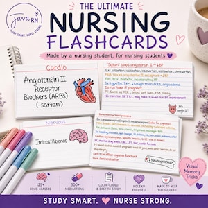 Può includere: Un set di schede didattiche per infermieri con il titolo "The Ultimate Nursing Flashcards". Le schede sono codificate a colori e includono informazioni sui farmaci per il sistema cardiovascolare e nervoso. L'immagine presenta anche pennarelli colorati e il testo "Study Smart. Nurse Strong."