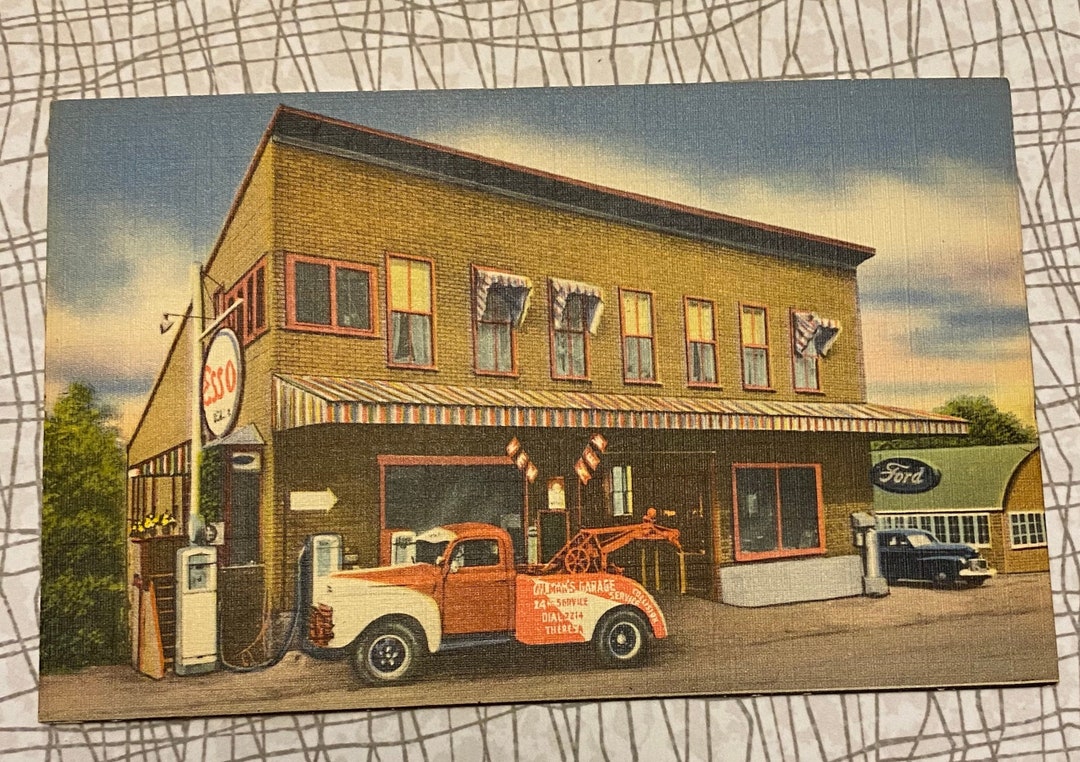 C1940 Postcard GILMANS GARAGE Theresa New York Esso Gas Ford Etsy