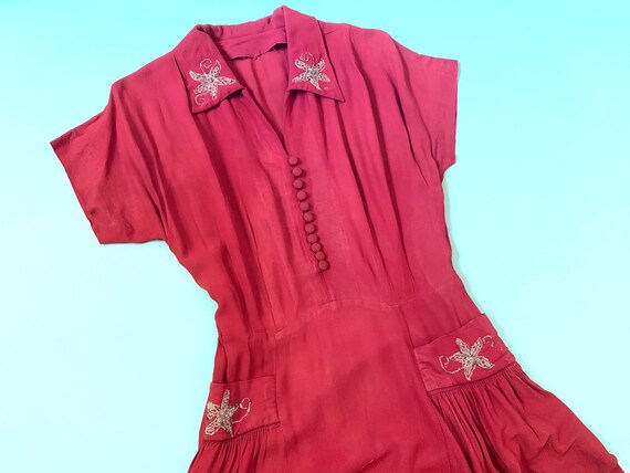 1940's Rayon Crepe Dress - Vintage 40's Magenta Ra