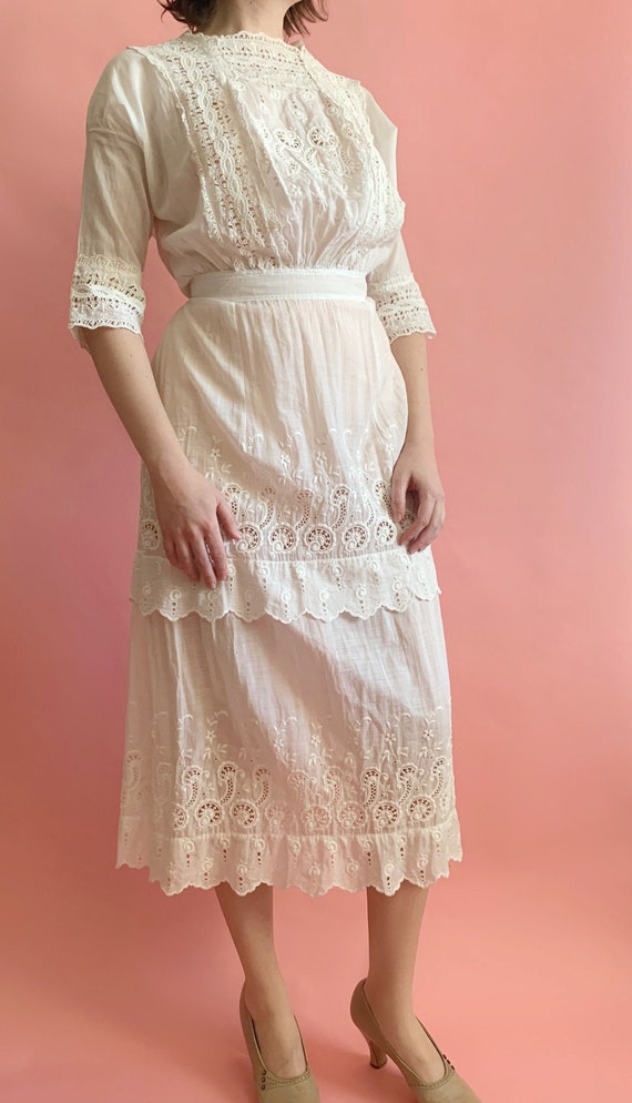 Edwardian Lawn Dress - Antique 1910's White Cotton