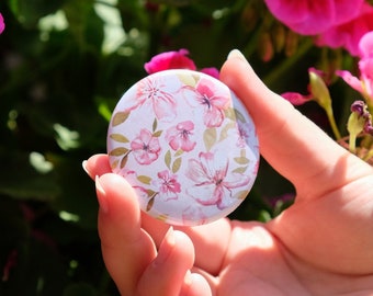 Pink Floral Pocket Mirror - 58mm Illustrative Patterned Mirror, Perfect for Handbags, Purses