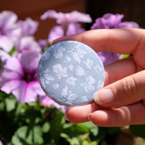 Blue Petals Pocket Mirror - 58mm Illustrative Patterned Mirror, Perfect for Handbags, Purses