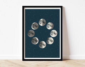 Moon Phases A3, A4 Art Print - Space Themed Celestial Wall Art, Realistic Gouache Illustration, Digital Print