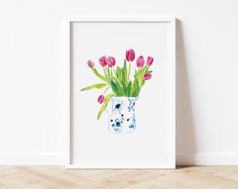 Impresión artística de tulipanes rosados en jarrón, pintura gouache, ramo de primavera, arte mural A3