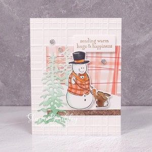 Carte de Noël faite main - Bonhomme de neige câlins Stampin Up - Amis de la neige - Souhaits joyeux de bonhomme de neige et de lapin de Noël - Envoi de câlins de bonhomme de neige chauds d'hiver