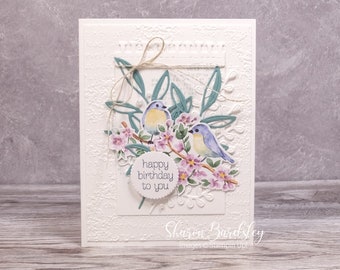 Handmade Birthday Card – Stampin Up Happy Birthday Flight & Airy - Bluebirds on Branches Birthday - Birds Branches Florals Happy Birthday