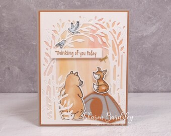 Handmade Thinking of You – Stampin Up Delicate Forest – Thinking of You Today – Forest Friends Charming Forest Tent Bear Fox Campsite Scene