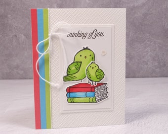 Handmade Thinking of You Card – Stampin Up Bird’s Eye View – Books Book (worm) Owls – Thoughts of You – Book Reading - Bird Greeting Card