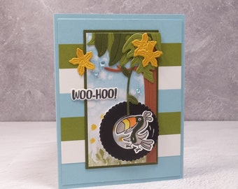 Handmade Birthday Card – Stampin Up Jungle Pals – Woo-Hoo – Cute Jungle Toucan on a Tire Swing - Jungle-themed - Toucan Party Happy Birthday