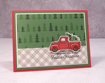 Handmade Christmas Card – Stampin Up Trucking Along – Christmas Truck – Red Pick-up Truck – Rustic Vintage Christmas Truck Bringing the Tree