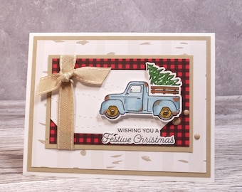 Handmade Christmas Card – Stampin Up Rusty Vintage Truck Christmas – Festive Merry Christmas - Bringing Home the Tree - Country Christmas