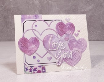 Handmade Valentines Anniversary Card – Stampin Up Lovely Lavender – Love You Hearts Card - Valentines Day - Love You – Monochromatic Hearts