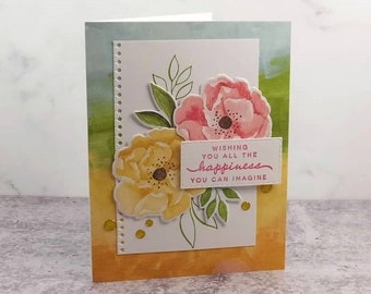 Handmade Best Wishes Card - Stampin Up Hues Of Happiness - Blossoming Happiness Abounds  - Flowers Friendship - Cheerful Floral All Occasion