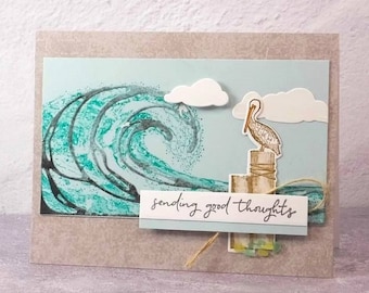 Handmade Thinking of You Card – Stampin Up Waves of Inspiration - Pelican on Pilings - Tidal Coastal Wave - Sending Good Thoughts - Ocean