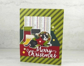 Handmade Christmas Card - Stampin Up Sweet Stockings – Puppy Wearing Festive Christmas Wreath - Merry Christmas Boston Terrier - Santa Paws