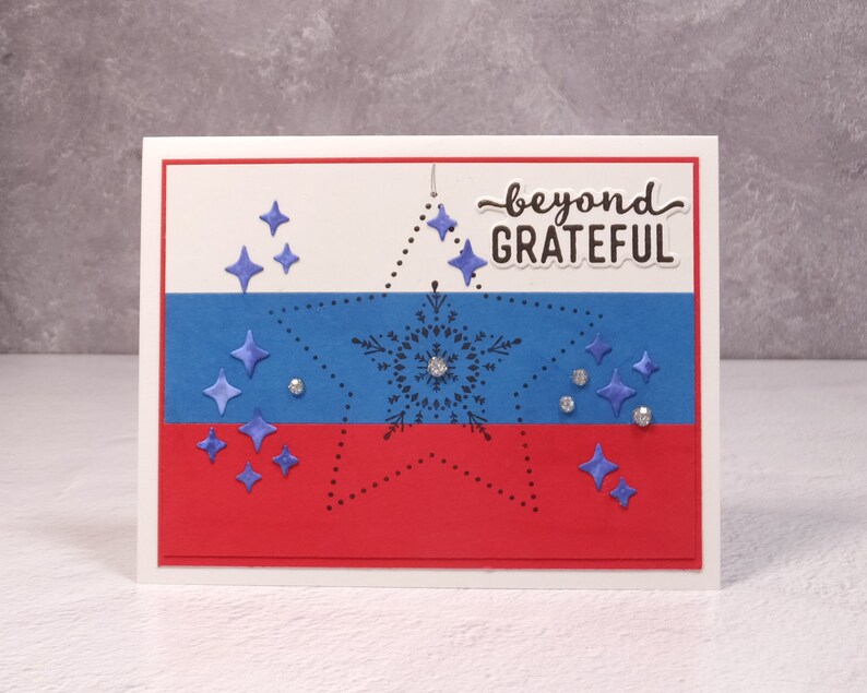 Carte patriotique faite à la main Stampin Up Many Merry Stars Carte militaire patriotique Beyond Grateful Thankful Stars & Stripes Carte thématique image 3