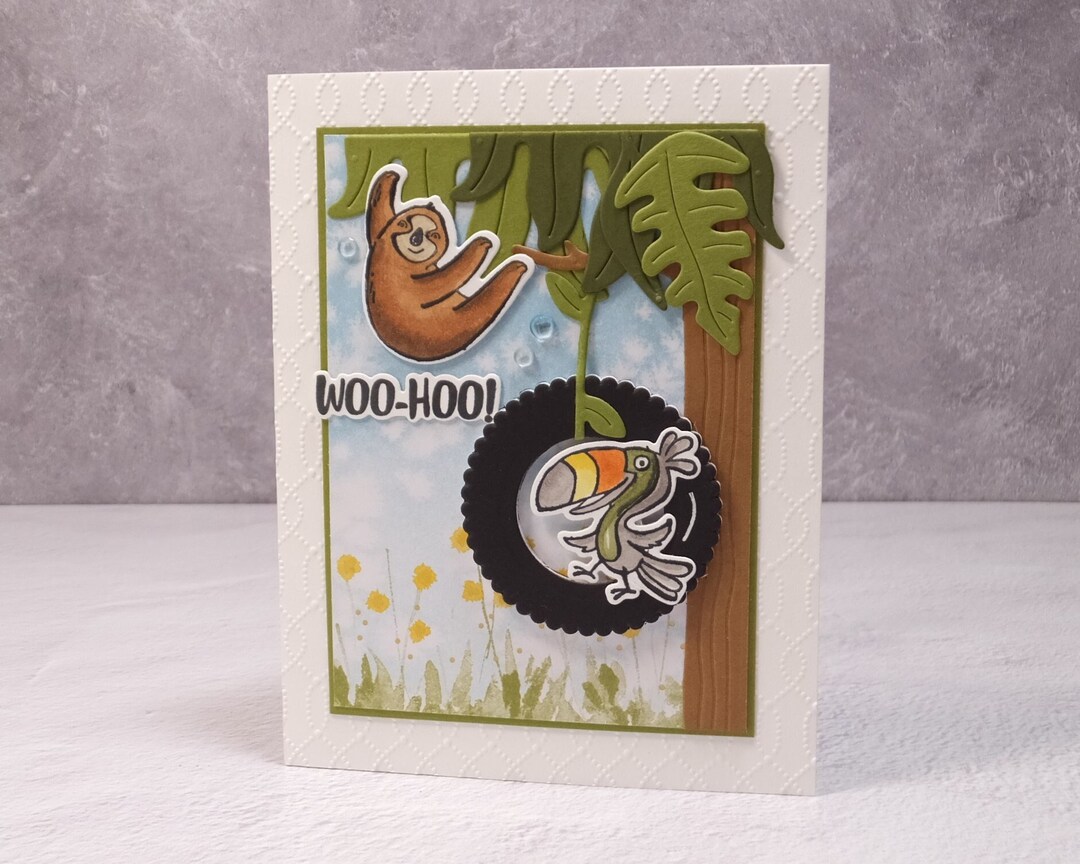 Handmade Birthday Card Stampin up Jungle Pals Woohoo Sloth Toucan Tire