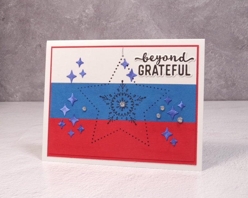 Carte patriotique faite à la main Stampin Up Many Merry Stars Carte militaire patriotique Beyond Grateful Thankful Stars & Stripes Carte thématique image 5