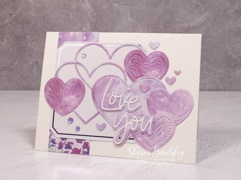 Handmade Valentines Anniversary Card Stampin Up Lovely Lavender Love You Hearts Card Valentines Day Love You Monochromatic Hearts image 2