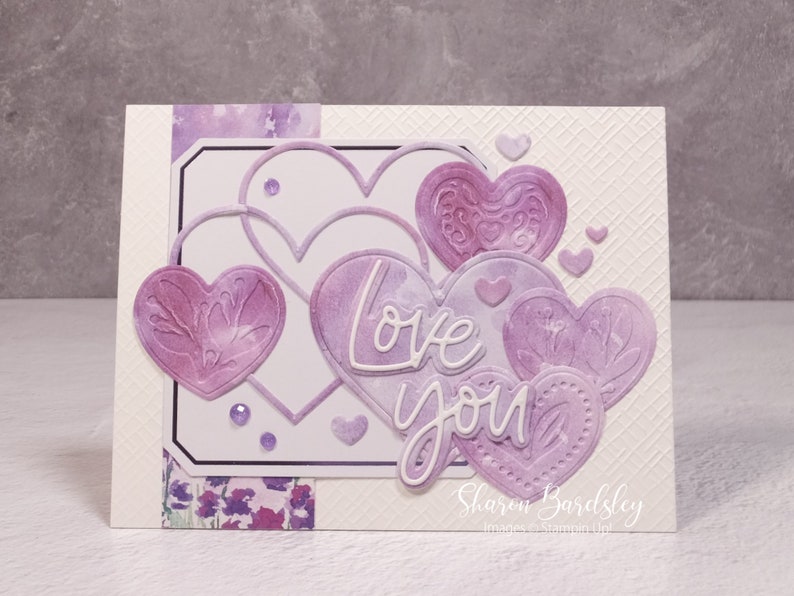 Handmade Valentines Anniversary Card Stampin Up Lovely Lavender Love You Hearts Card Valentines Day Love You Monochromatic Hearts image 3