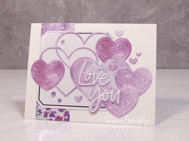 Handmade Valentines Anniversary Card Stampin Up Lovely Lavender Love You Hearts Card Valentines Day Love You Monochromatic Hearts image 4
